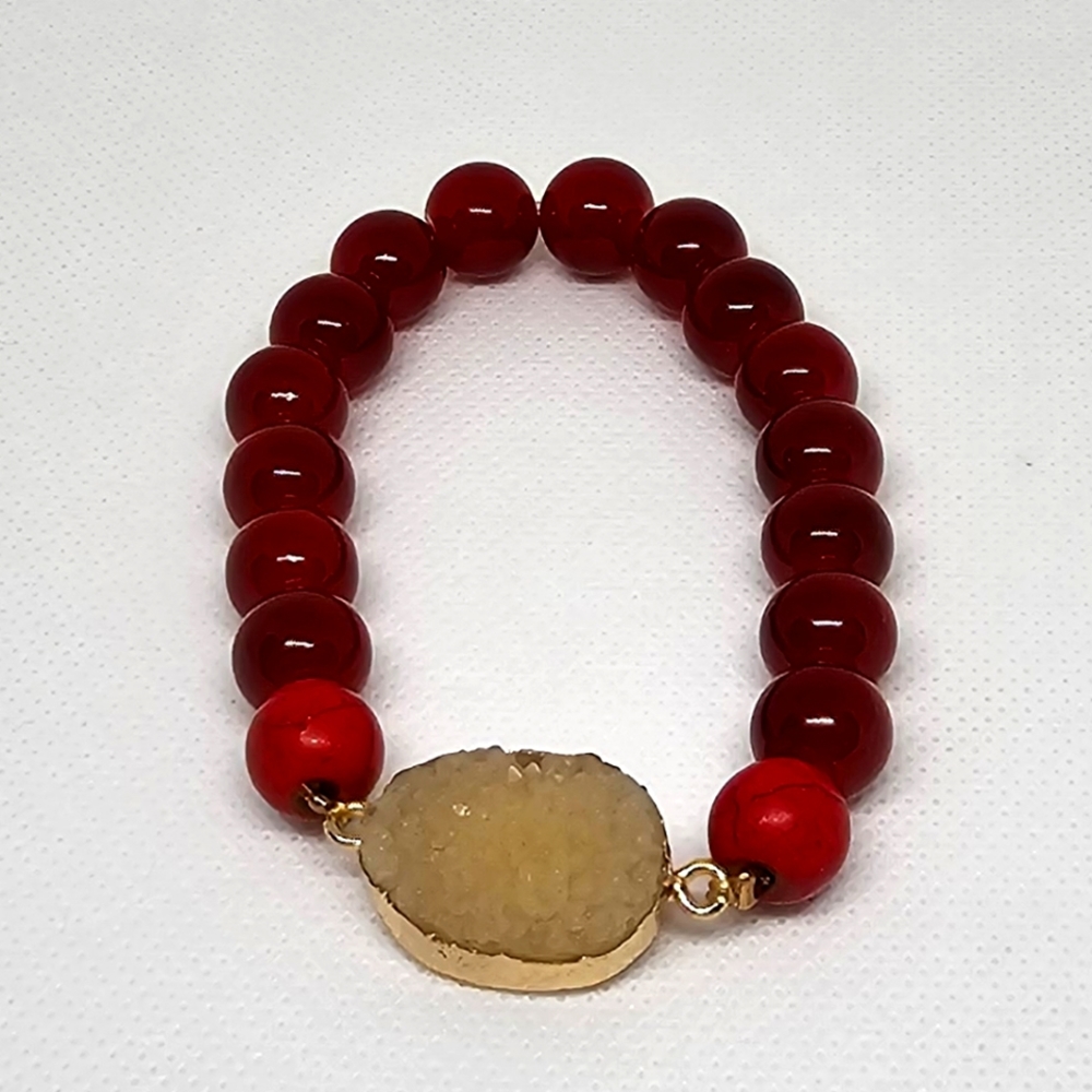 Vintage Red Seaglass Gemstone & Druzy Stone Bracelet.